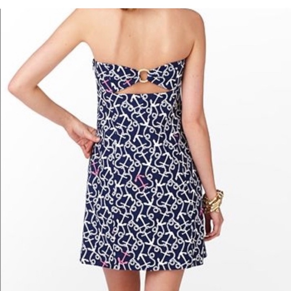 Lilly Pulitzer Strapless Dress in Navy and White with Anchor design. - Picture 2 of 8